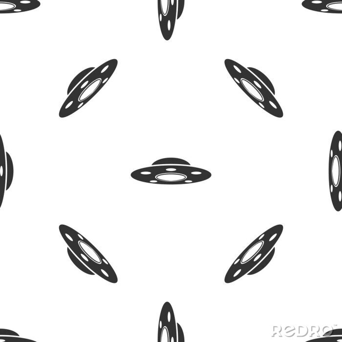 Behang Grey UFO flying spaceship icon isolated seamless pattern on white background. Flying saucer. Alien space ship. Futuristic unknown flying object. Vector Illustration