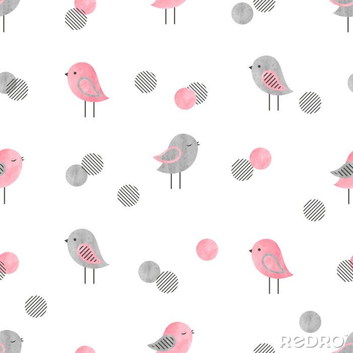 Behang Grijs-roze vogels op een witte achtergrond