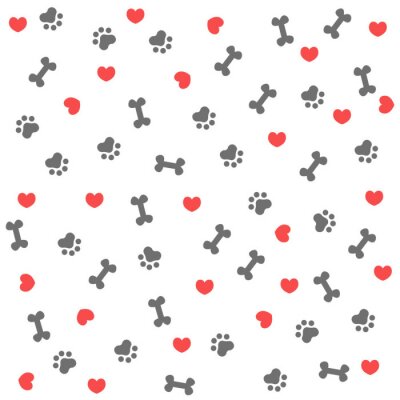 Behang Grijze botten pootafdru en rode hartjes