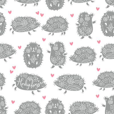 Behang Grijze egels en roze hartjes