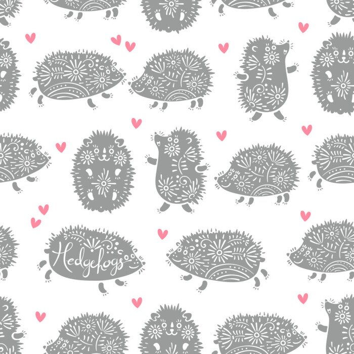 Behang Grijze egels en roze hartjes