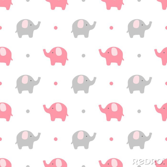 Behang Grijze en roze babyolifanten