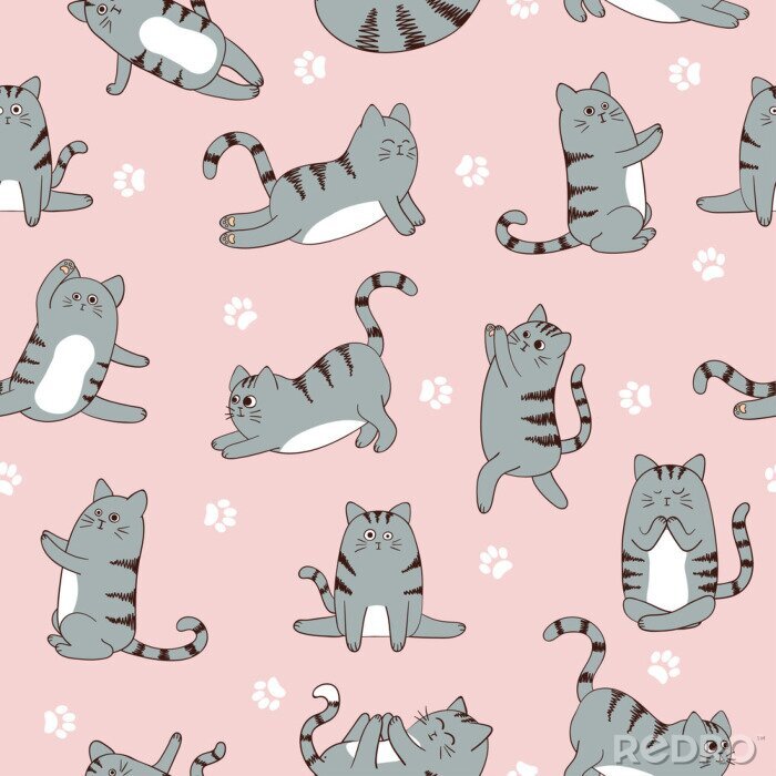 Behang Grijze katten op roze achtergrond