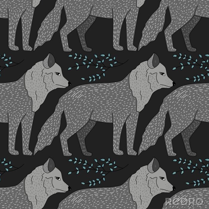 Behang Grijze wolven en kleine blaadjes op een zwarte achtergrond