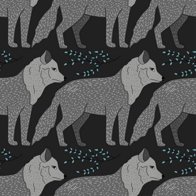 Behang Grijze wolven en kleine blaadjes op een zwarte achtergrond
