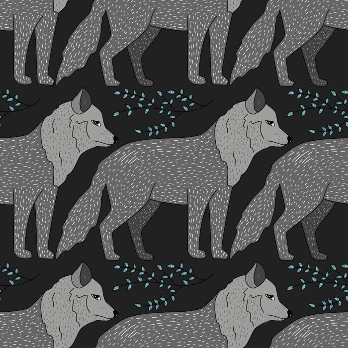 Behang Grijze wolven en kleine blaadjes op een zwarte achtergrond