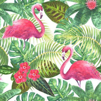Behang Groen en roze motief met bloemen en flamingo's