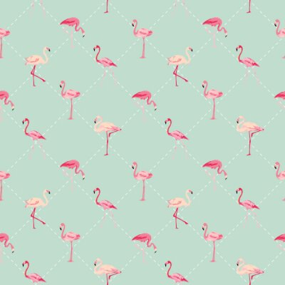Behang Groen motief in geometrische vormen en flamingo's