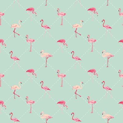 Behang Groen motief in geometrische vormen en flamingo's