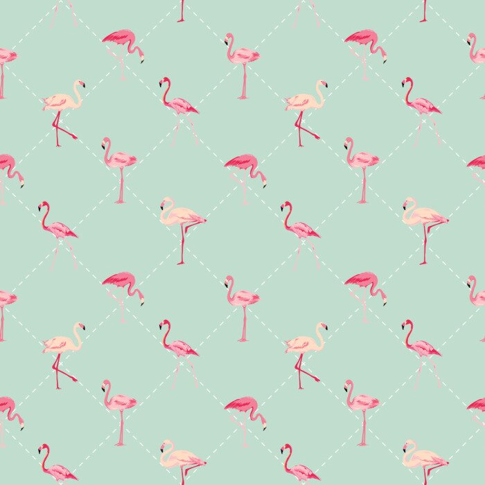 Behang Groen motief in geometrische vormen en flamingo's