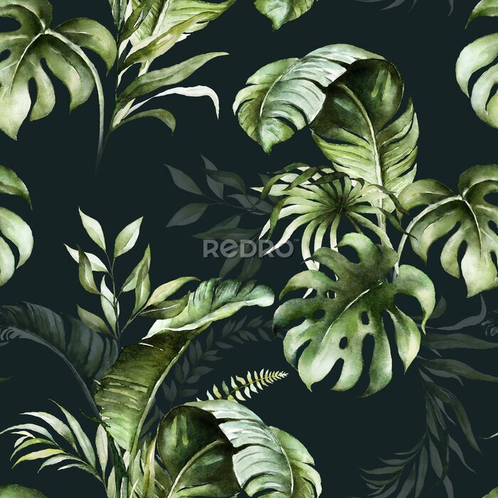 Behang Groene aquarel blaadjes op zwarte achtergrond