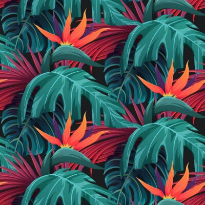 Behang Groene bladeren en rode tropische bloemen