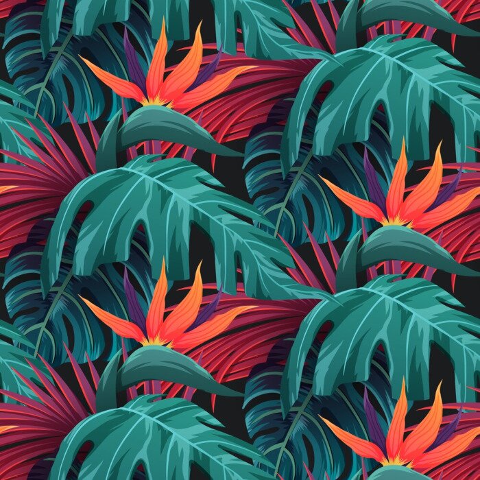 Behang Groene bladeren en rode tropische bloemen