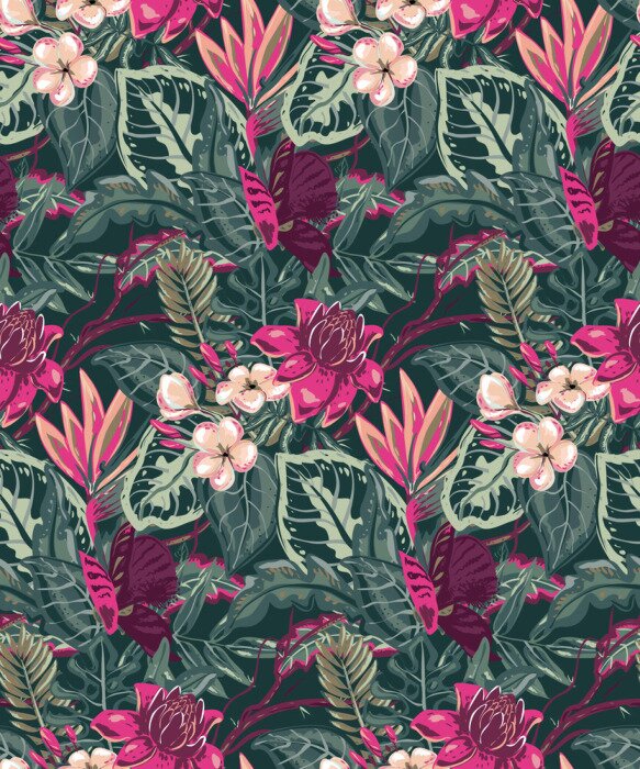 Behang Groene bladeren en roze tropische bloemen