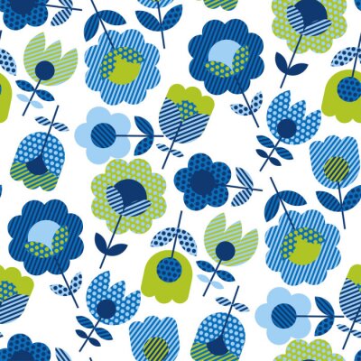 Behang Groene en blauwe bloemen met stippen en strepen