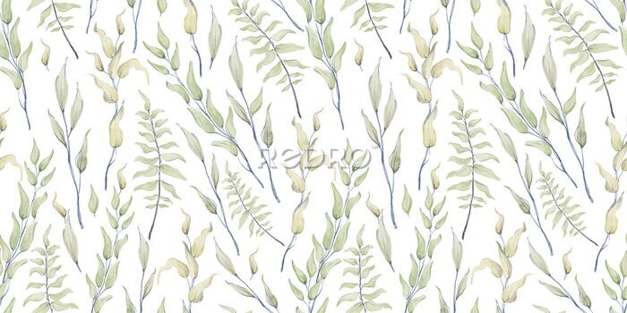 Behang Groene planten geschilderd met waterverf