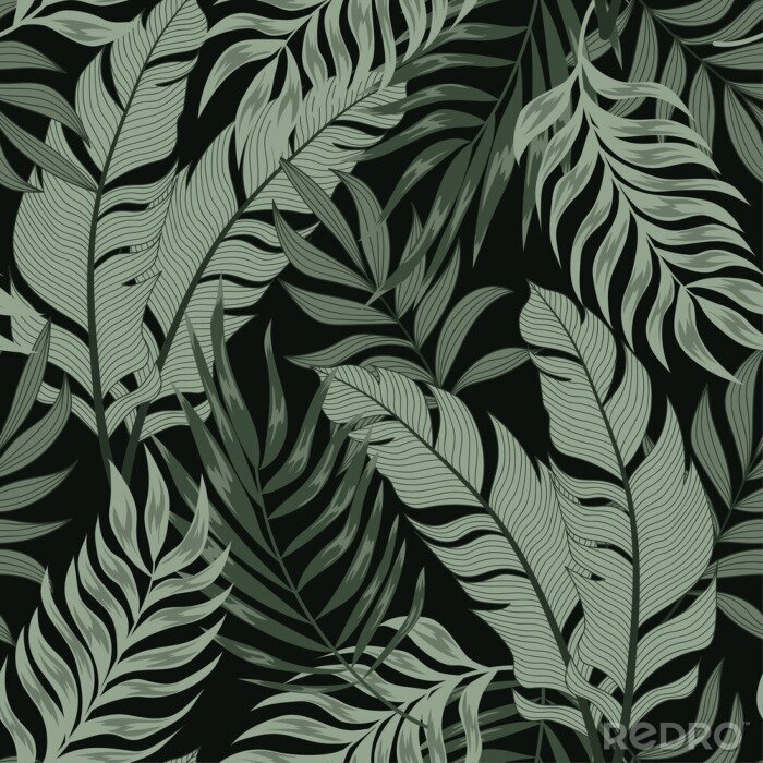 Behang Groene tropische bladeren op een zwarte achtergrond