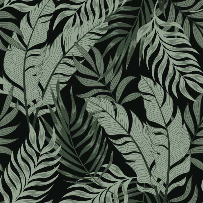 Behang Groene tropische bladeren op een zwarte achtergrond