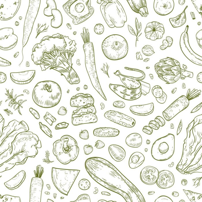 Behang Groenten en fruit geschetst in het groen
