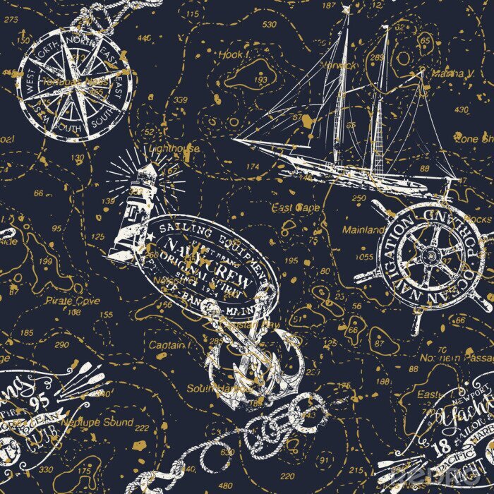 Behang Grunge uitstekende zeevaartgrafiek met mariene kentekens en elementen vector naadloos patroon