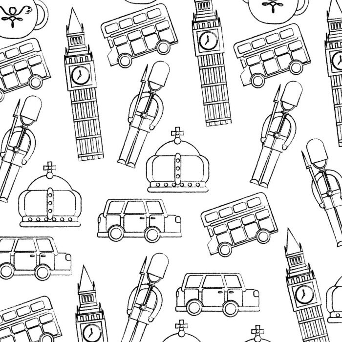 Behang guard big ben double decker bus crown londen united kingdom pattern image vector illustrationd design zwarte schets lijn