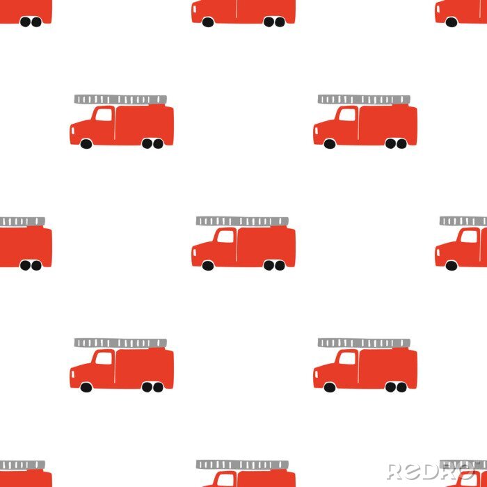 Behang Hand Draw A Fire Truck Seamless Pattern. Vector Boyish Background in Scandinavian Style. Red fire Cute Cars Isolated on White Background. Print for Children's t-Shirt, Textile, packaging, cover
