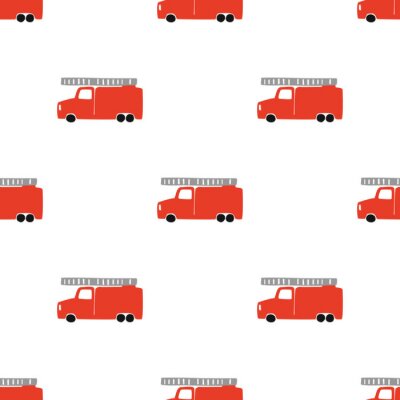 Behang Hand Draw A Fire Truck Seamless Pattern. Vector Boyish Background in Scandinavian Style. Red fire Cute Cars Isolated on White Background. Print for Children's t-Shirt, Textile, packaging, cover