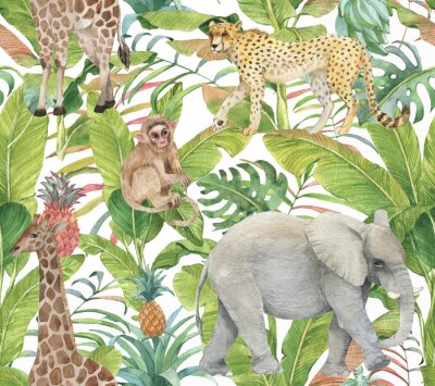 Behang Hand drawn colorful seamless pattern with watercolor wild exotic animals, palm leaves, exotic plants, pineapples and banana leaves. Summer repeated background