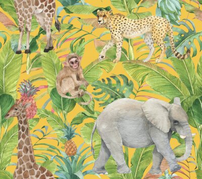 Behang Hand drawn colorful seamless pattern with watercolor wild exotic animals, palm leaves, exotic plants, pineapples and banana leaves. Summer repeated background