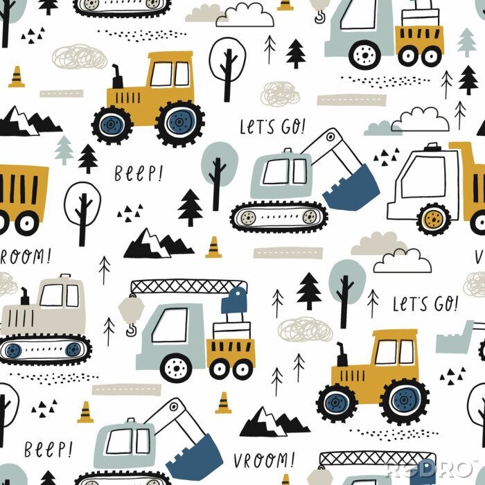 Behang Hand drawn cute cars - Truck, tractor, cargo crane, bulldozer, excavator. Seamless vector pattern with cute cars for fabric, textile and wallpaper design. Vector cars in scandinavian style