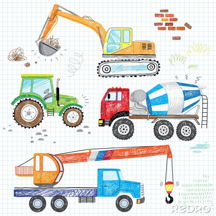 Behang hand drawn doodles construction boy trucks tractor excavator crane 