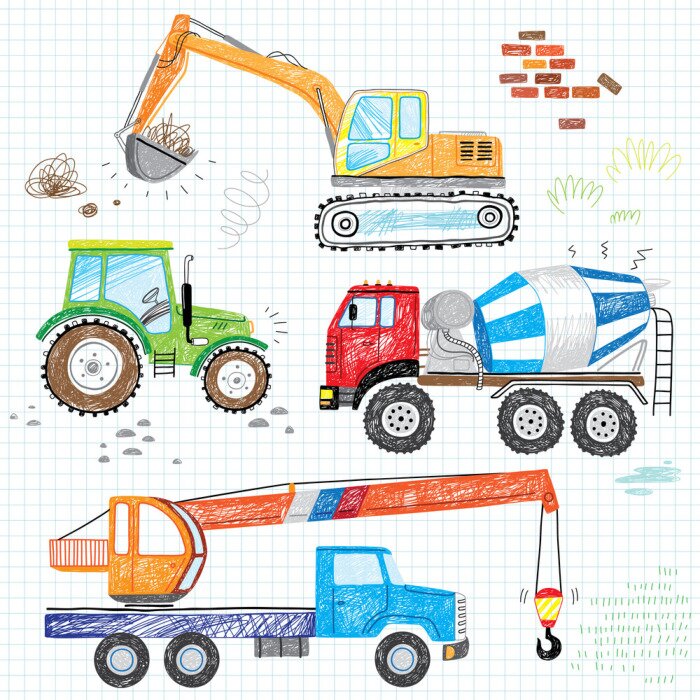 Behang hand drawn doodles construction boy trucks tractor excavator crane 