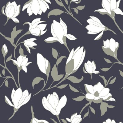 Behang Hand Drawn Magnolia Seamless Pattern