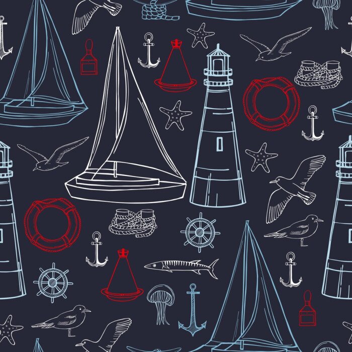 Behang Hand drawn nautical icon set. Vector  seamless pattern