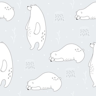 Hand drawn polar bear winter print. Scandinavian print with cute bear. Seamless pattern with a bear