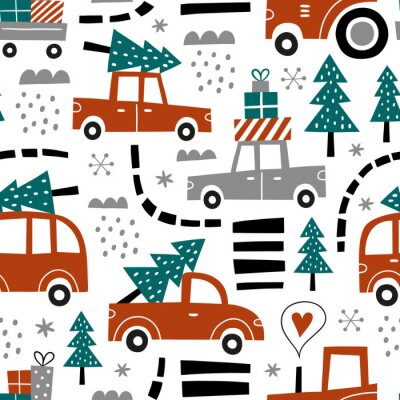 Behang Hand drawn seamless vector pattern with cute cars and Christmas trees. Perfect for fabric or wrapping paper. 