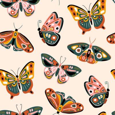 Behang Hand drawn various beautiful Butterflies. Colorful Vector seamless pattern. Top view. Side view. Pastel colors. Trendy illustration. Background texture. Wallpaper