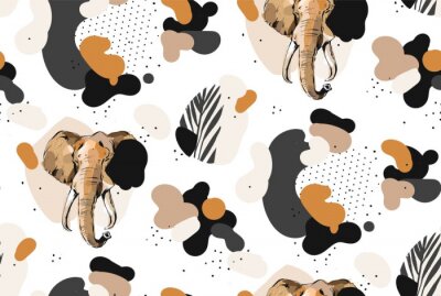 Behang Hand drawn vector abstract creative graphic artistic illustrations seamless collage pattern with sketch elephant drawing and tropical palm leaves in tribal mottif isolated on white background