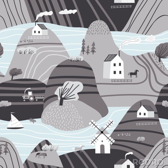 Behang Hand drawn vector abstract scandinavian graphic illustration seamless pattern with house,trees and mountains. Nordic nature landscape concept. Perfect for kids fabric, textile, nursery wallpaper.