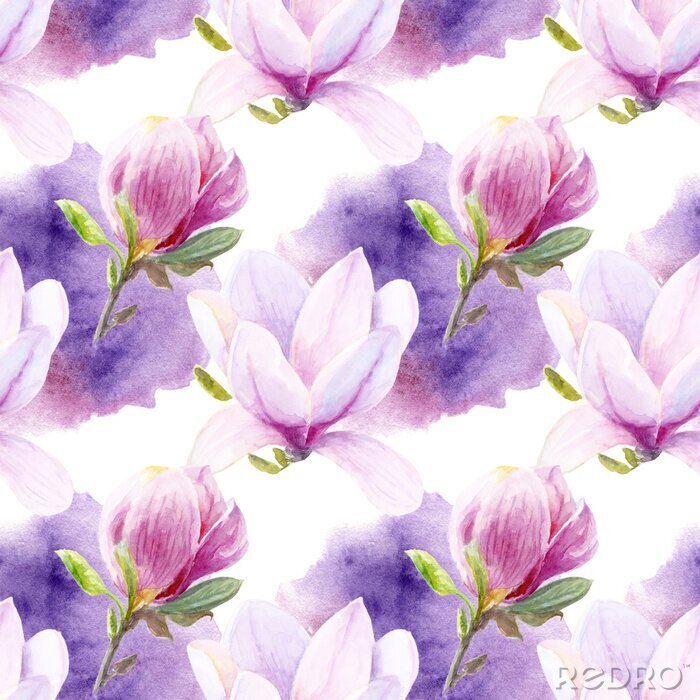Behang Hand drawn watercolor magnolia seamless pattern with watercolor spine on white background.