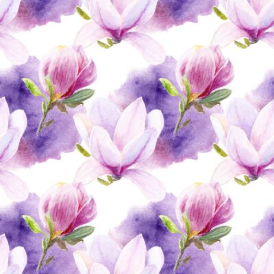 Behang Hand drawn watercolor magnolia seamless pattern with watercolor spine on white background.