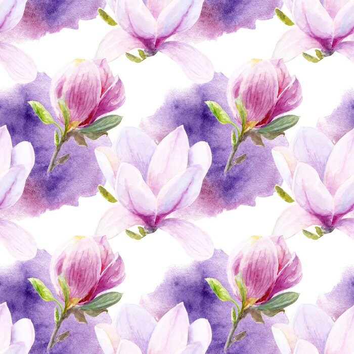 Behang Hand drawn watercolor magnolia seamless pattern with watercolor spine on white background.