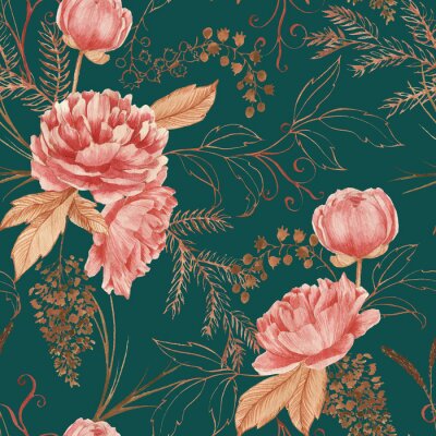 Hand drawn watercolor seamless pattern with pink peony and decorative plants. Repeat background illustration