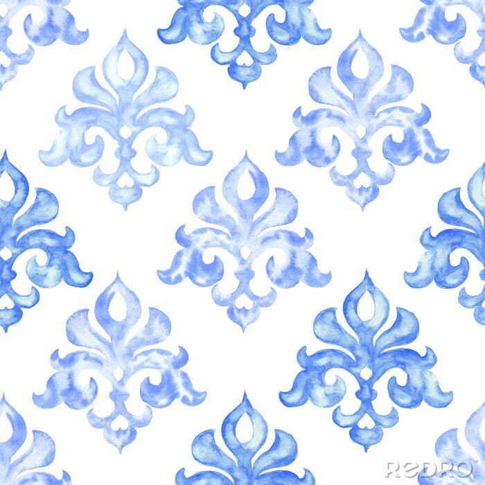 Behang Hand getekend aquarel sieraad, blauwe naadloze patroon, vintage herhalende achtergrond.