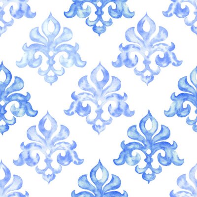 Behang Hand getekend aquarel sieraad, blauwe naadloze patroon, vintage herhalende achtergrond.