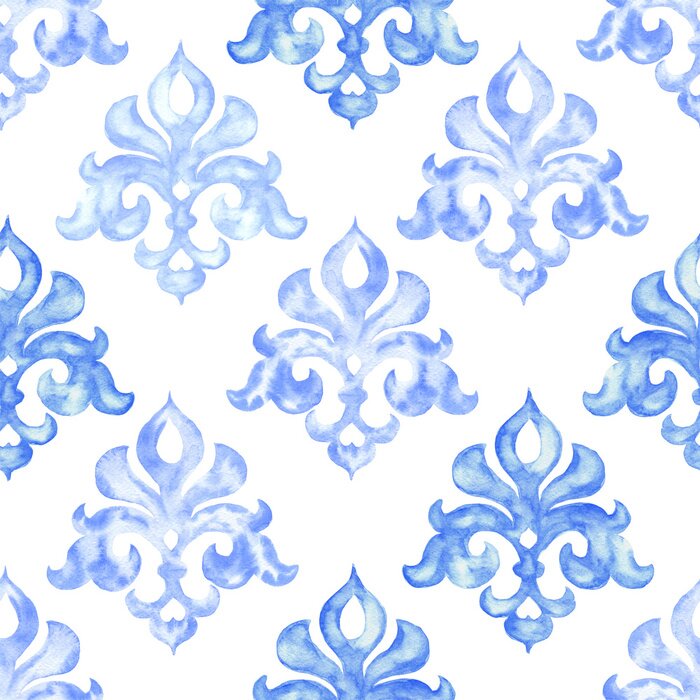 Behang Hand getekend aquarel sieraad, blauwe naadloze patroon, vintage herhalende achtergrond.