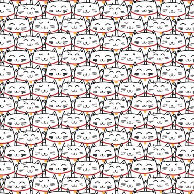Behang Hand getekend Lucky Cat Vector Patroon. Krabbel kunst.
