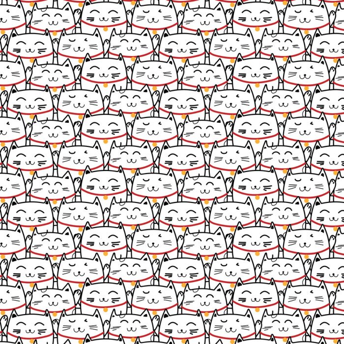 Behang Hand getekend Lucky Cat Vector Patroon. Krabbel kunst.