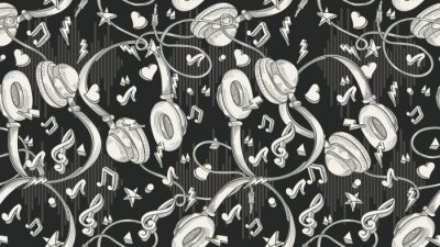 Behang Hand getekend muzikale koptelefoon - naadloze zwart-wit patroon