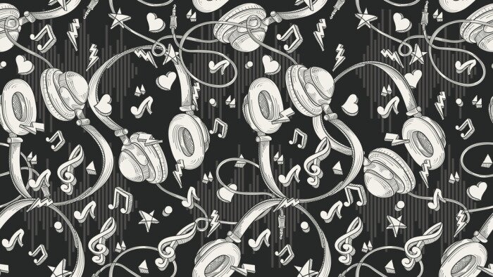Behang Hand getekend muzikale koptelefoon - naadloze zwart-wit patroon
